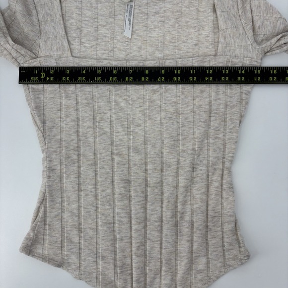 FREE PEOPLE Beige Long Sleeve Beside Me Ribbed Bodysuit Size Small Square Neck - Picture 6 of 7